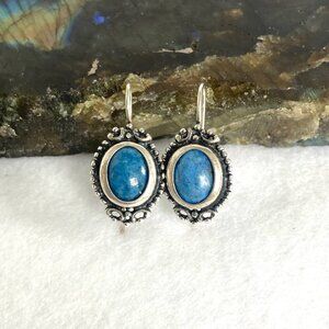 Sterling Silver 925 Oval Blue Denim Lapis Scrollwork Dangle Kidney Wire Earrings